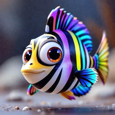 The primary subject of the image is a colorful, cartoon-like fish with a smiling face. The fish is painted with a combination of black, white, and rainbow colors, giving it a vibrant and cheerful appearance. The setting is a rocky surface, which adds a natural element to the scene. The visual style of the image is a digital art or illustration, showcasing the artist's creativity and skill in creating a unique and eye-catching design. The overall atmosphere of the image is